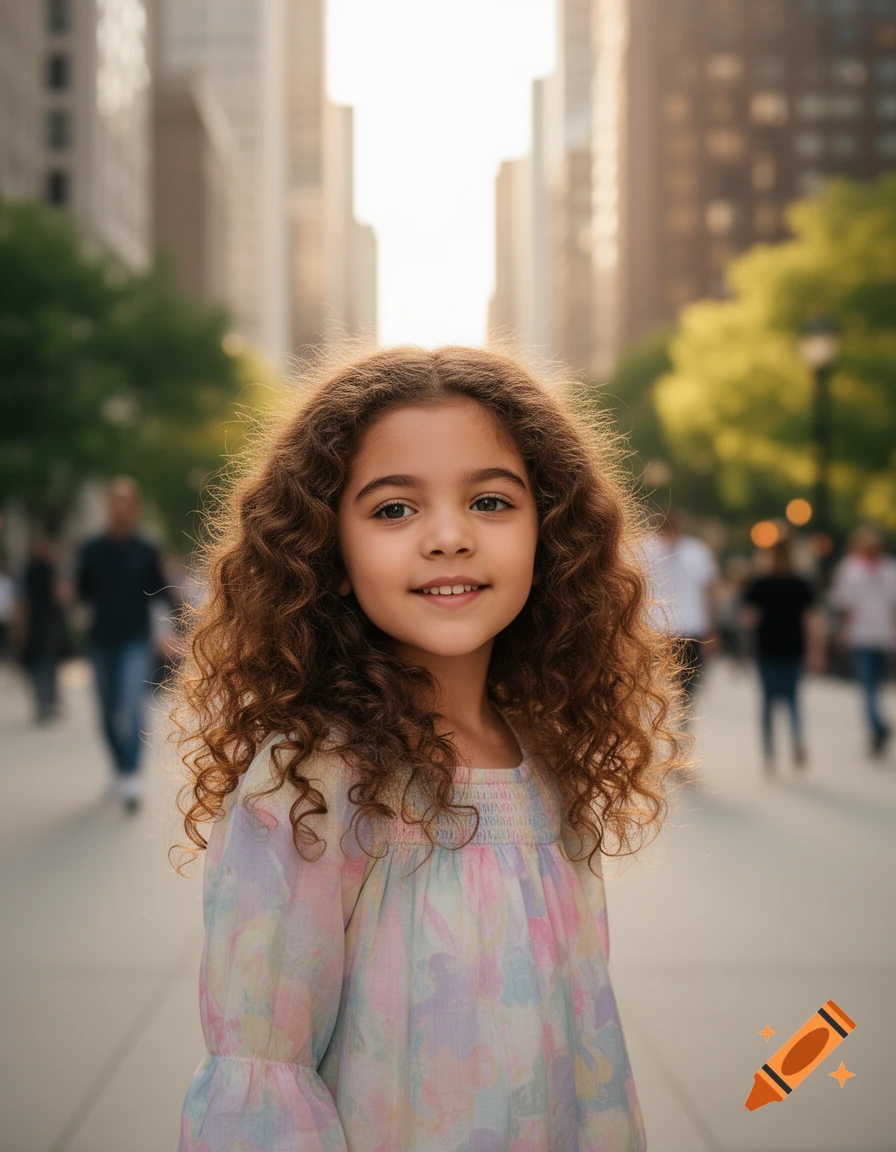 Smiling young girl with brown curly hair and a pastel dress, standing on a city street with blurred buildings and people.
