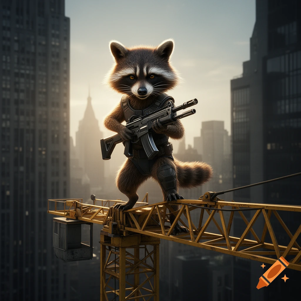 Rocket Raccoon, a photorealistic anthropomorphic raccoon, stands on a yellow construction crane high above a city, holding a submachine gun.