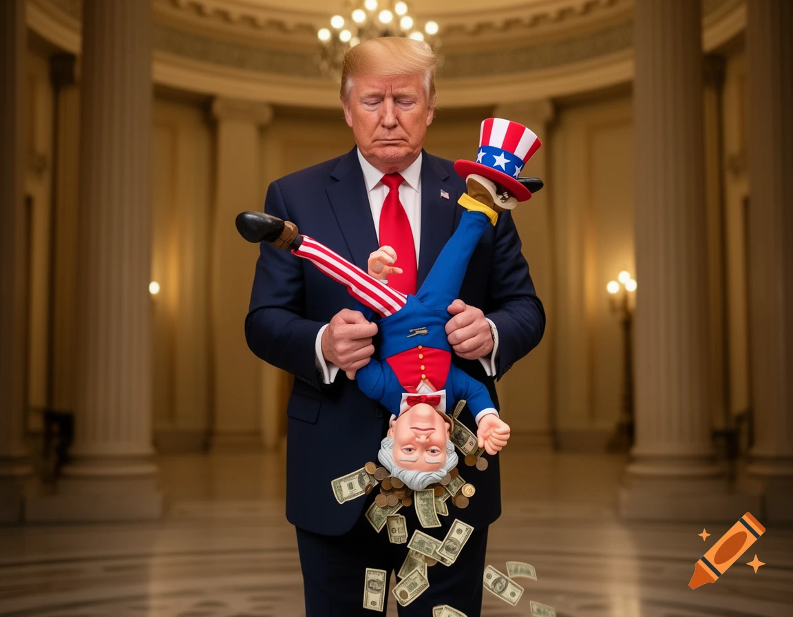 Donald Trump holds Uncle Sam upside down by the ankles, shaking money and coins out of his pockets in a grand hall.
