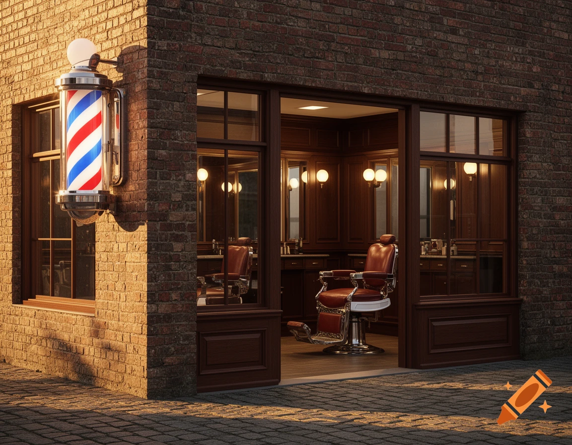 Photorealistic image of a brick barber shop exterior with a classic red, white, and blue barber pole and a view into the interior.