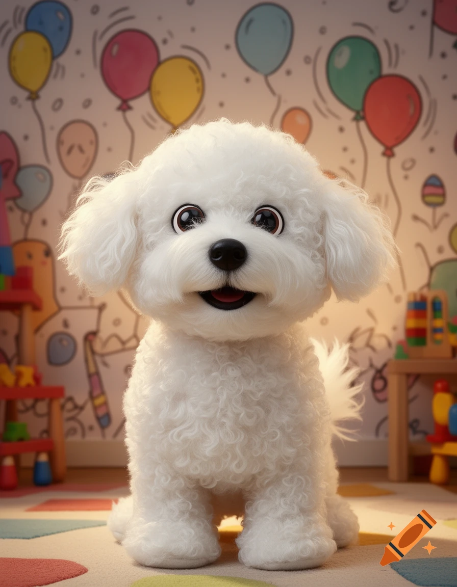 A fluffy white Bichon Frise puppy puppet sits on a colorful rug in a child's room with balloon wallpaper.