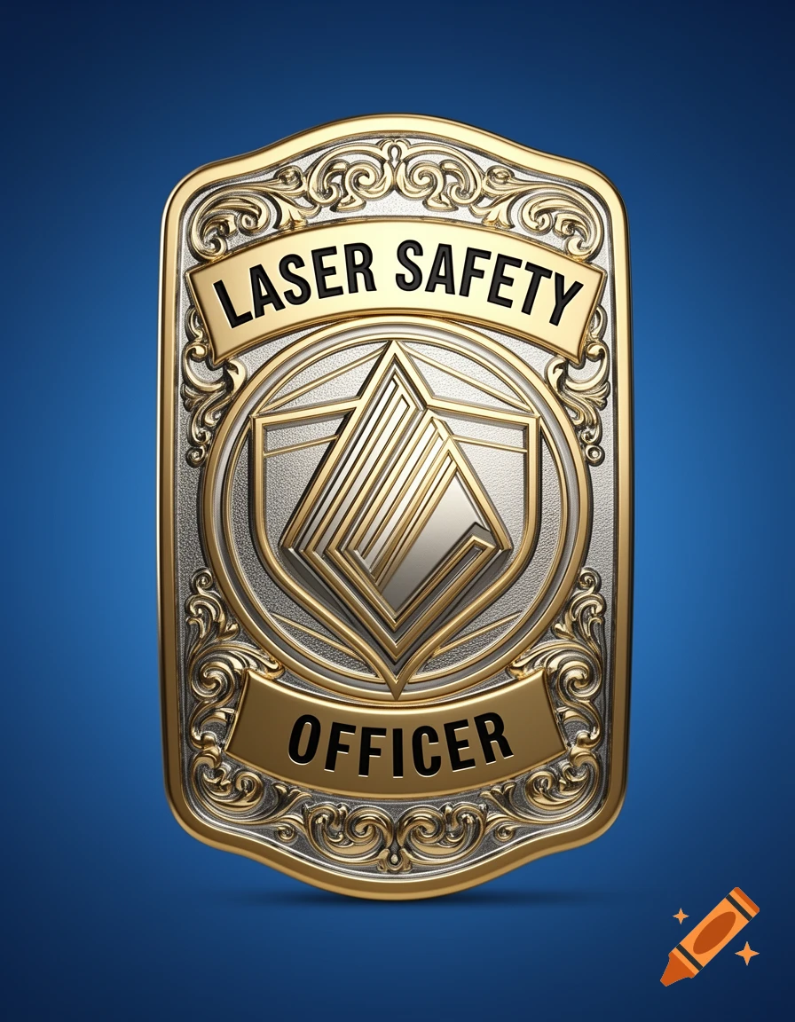 A detailed gold and silver police-style badge with 'LASER SAFETY' and 'OFFICER' text, featuring a geometric logo.