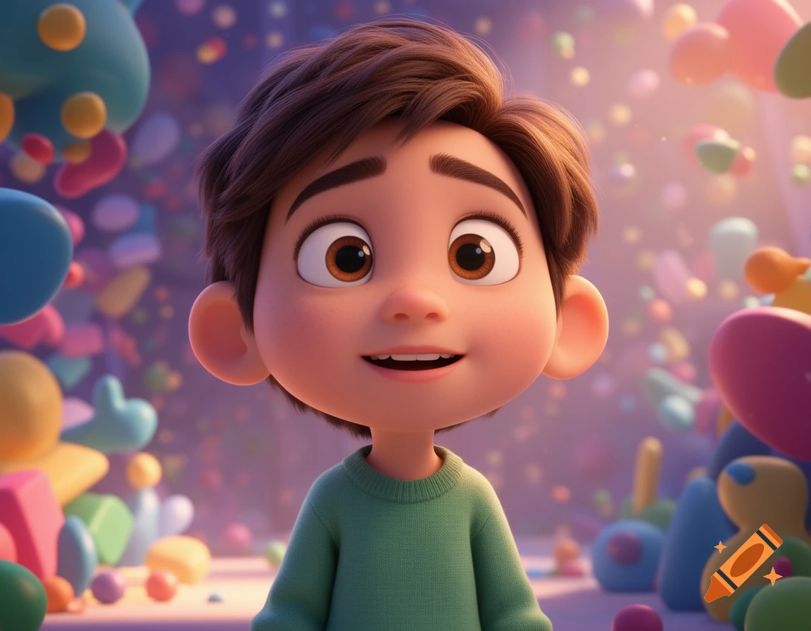 A close-up of a smiling, brown-haired animated boy in a green sweater, surrounded by colorful, soft-focused shapes in a Pixar style.