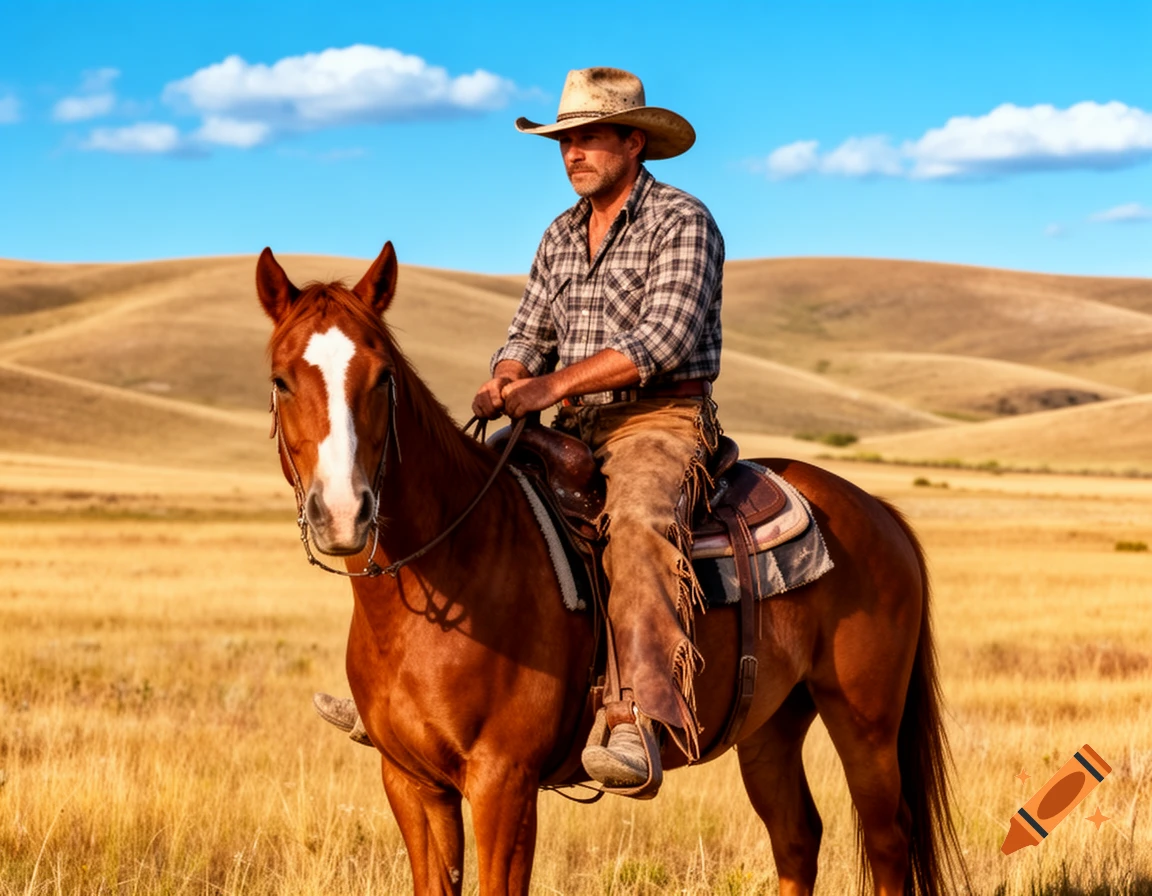 A man in a cowboy hat and chaps rides a brown horse through a sunlit field with rolling hills under a blue sky.
