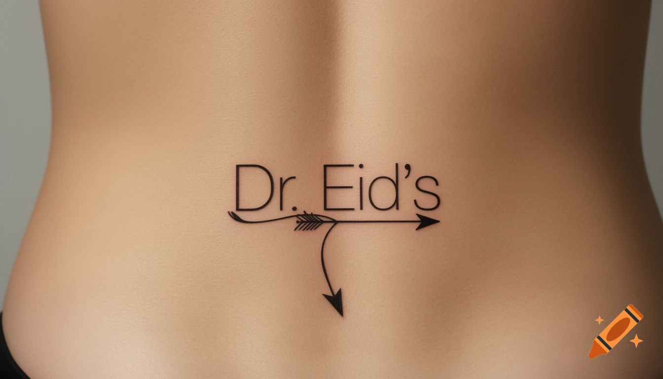 Minimalist fine-line tattoo reading 'Dr. Eid's' with an arrow design on a person's lower back.