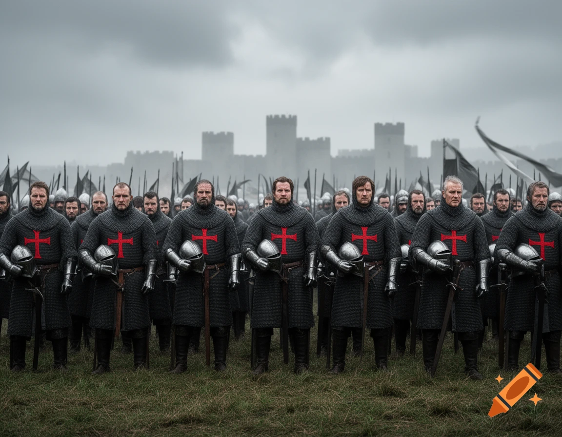 An army of Templar knights in black chainmail with red crosses stands in a field before a castle under a cloudy sky.
