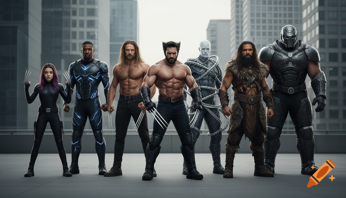 A lineup of seven diverse superheroes and villains, including Wolverine and Juggernaut, posing in a modern city setting.