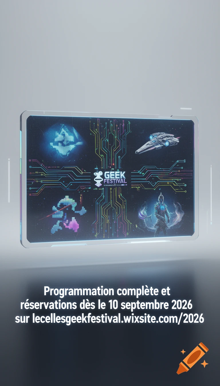 A minimalist, futuristic digital screen displaying geek festival imagery with circuit board patterns and various references. Promotional text for the event is below.