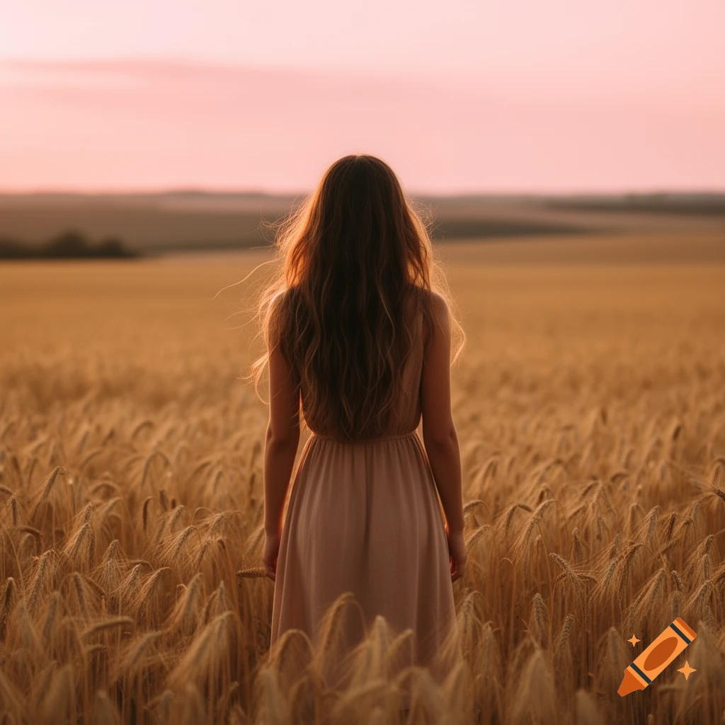 Woman with long hair in a dress stands in a golden wheat field at sunset, viewed from behind.