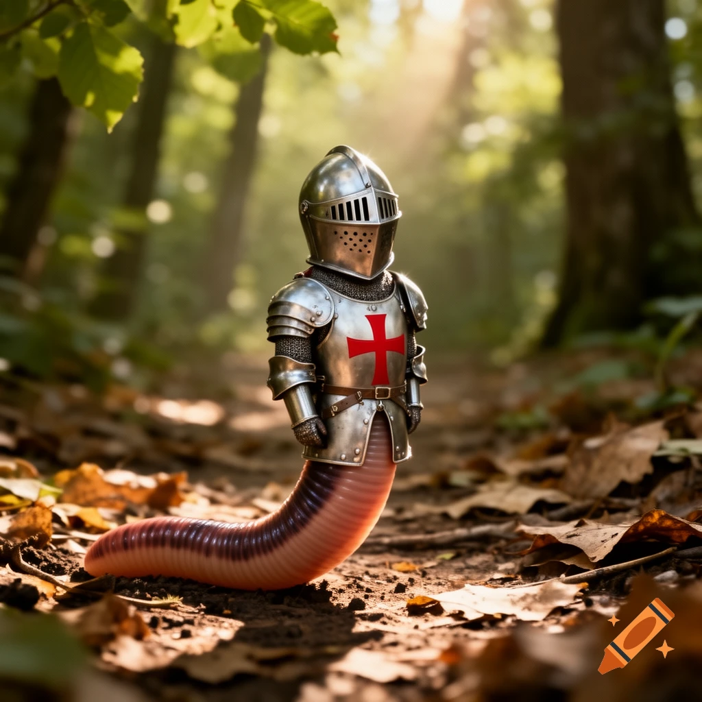 A worm in full photorealistic medieval knight's armor, featuring a red cross, stands on a sunlit forest path.