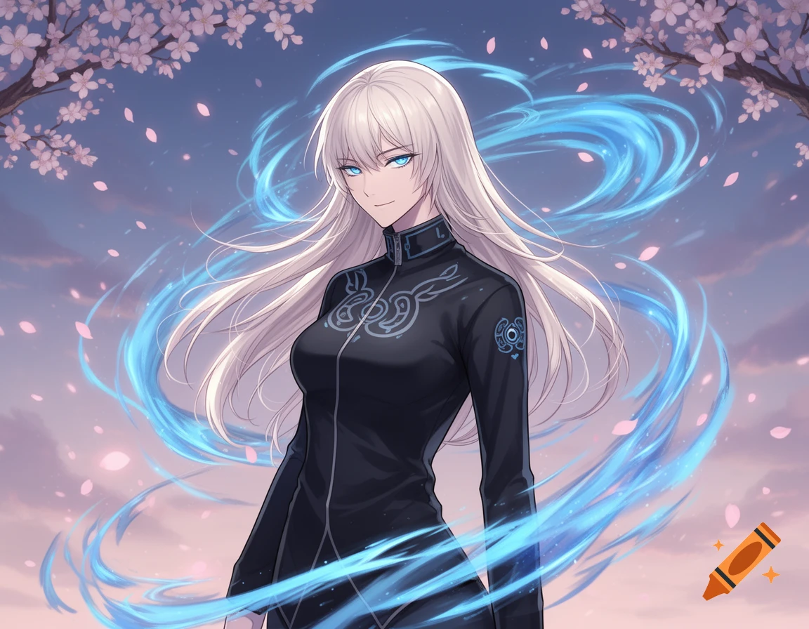 Anime girl with white hair, blue eyes, dark jacket, and blue swirling energy, under cherry blossom trees.