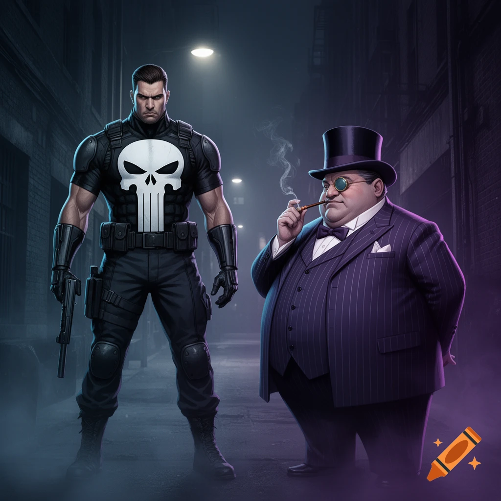 The Punisher in a black suit with a skull logo stands beside the Penguin in a pinstriped suit, top hat, and monocle, smoking a pipe, in a dark alley.