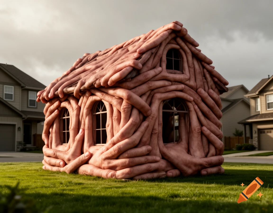 A surreal photorealistic image of a house made entirely out of intertwined human fingers, set in a suburban landscape.