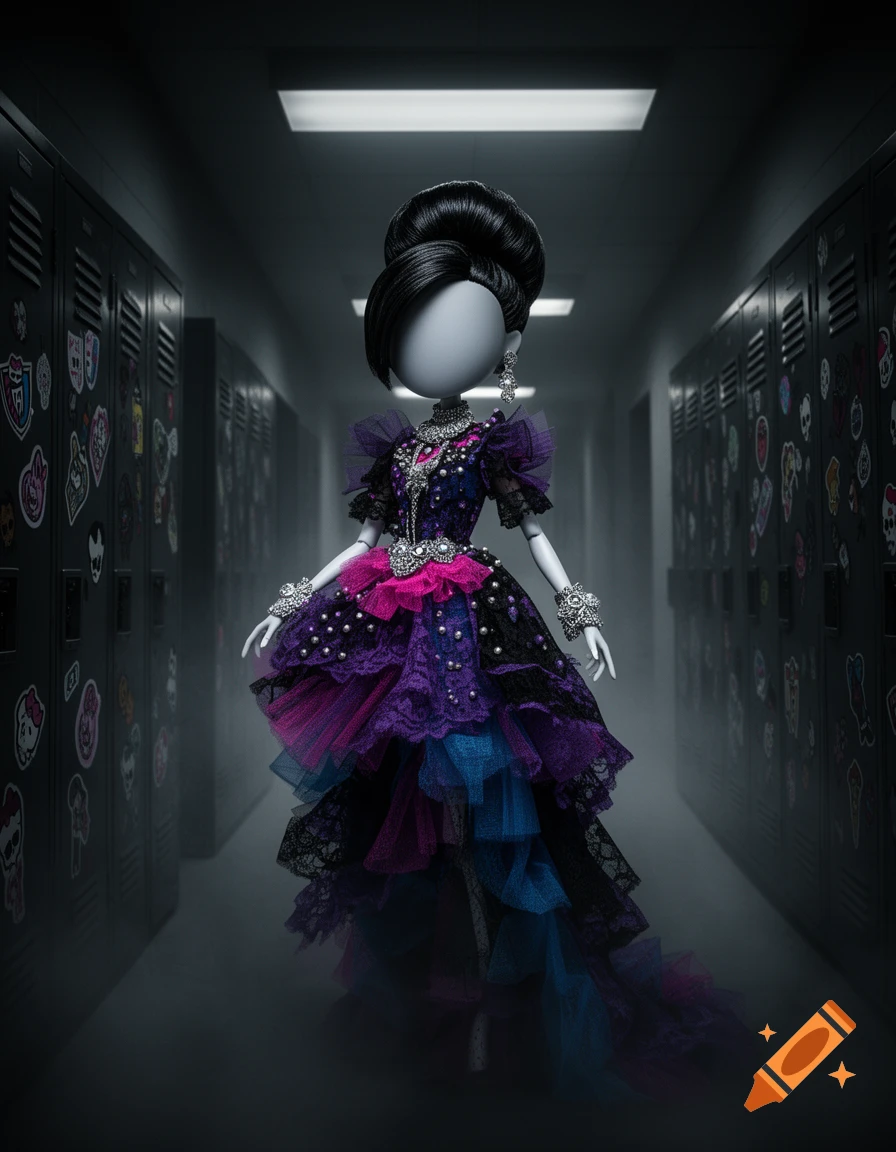 A faceless doll in an elaborate gothic-style dress stands in a dark school hallway with sticker-covered lockers.