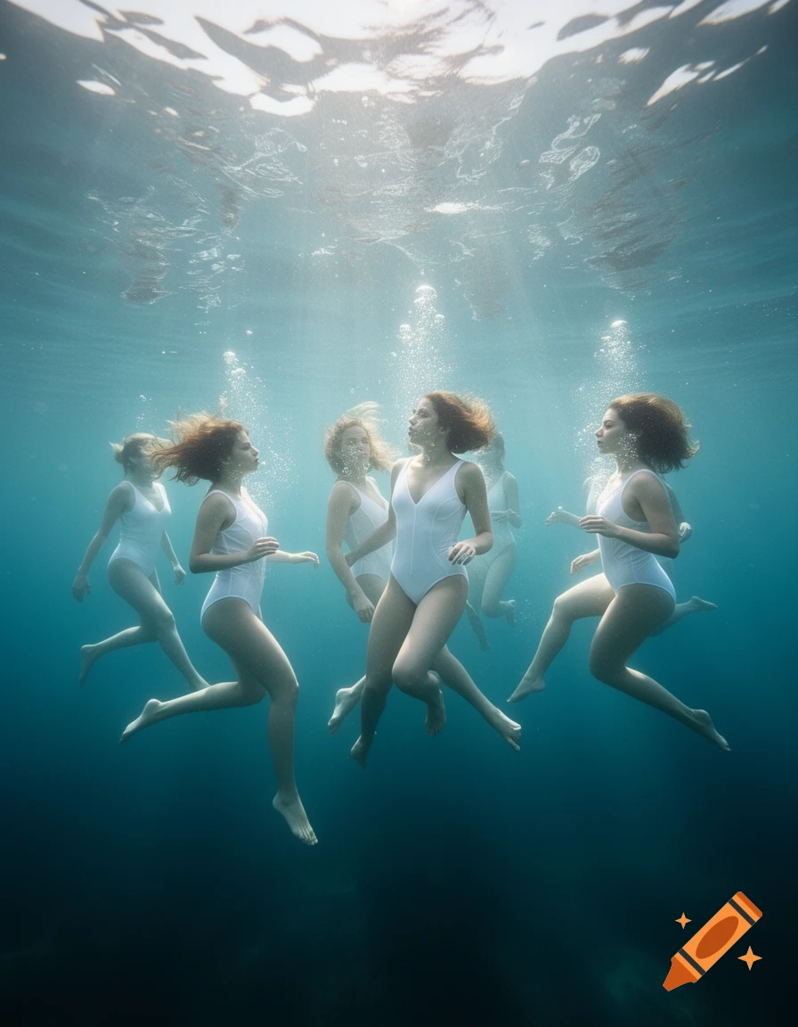 Multiple women in white swimwear swim gracefully underwater, illuminated by sunbeams and rising air bubbles.