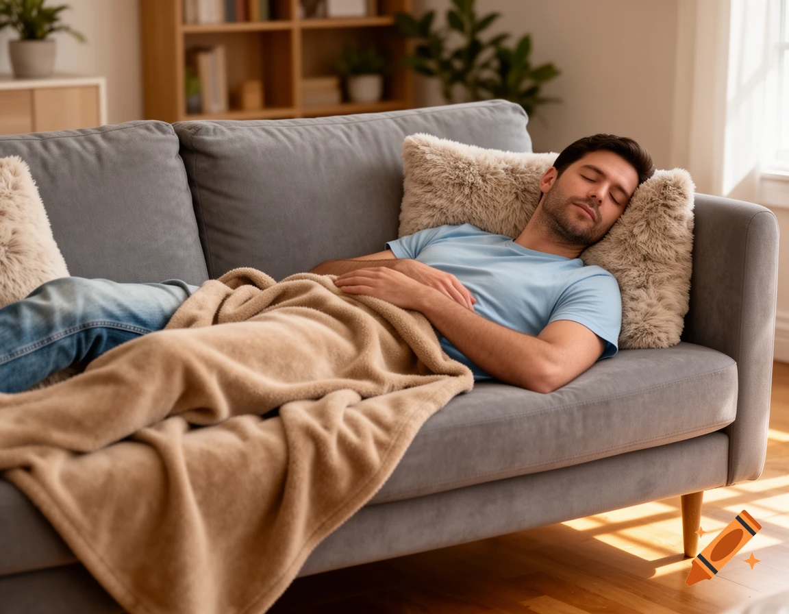 A man sleeps peacefully on a grey sofa, covered by a brown blanket, in a sunlit living room.