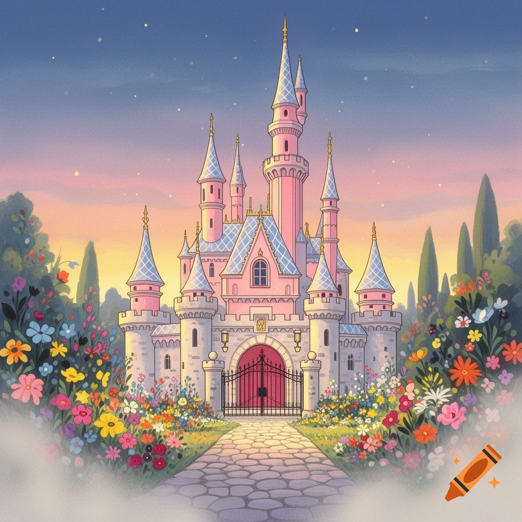 An illustrated pink fantasy castle with blue roofs, surrounded by a vibrant garden of colorful flowers and a stone path under a pastel sunset sky with stars.