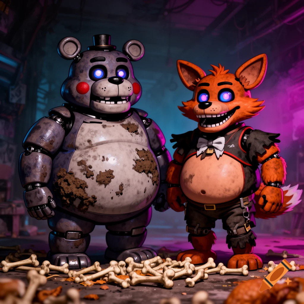 A fat, grimy gray bear animatronic and an orange fox animatronic with glowing eyes and sharp teeth stand among scattered bones in a dark, industrial room.