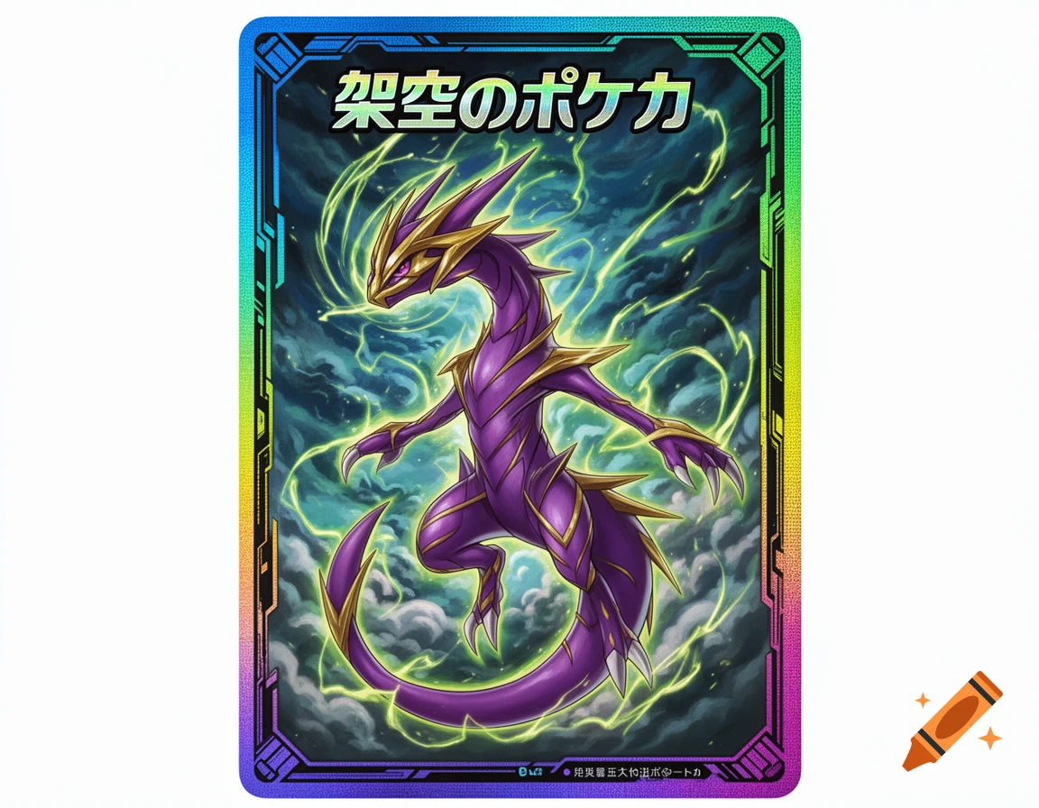 A purple, spiky dragon creature with gold accents and green energy on a holographic Japanese trading card.