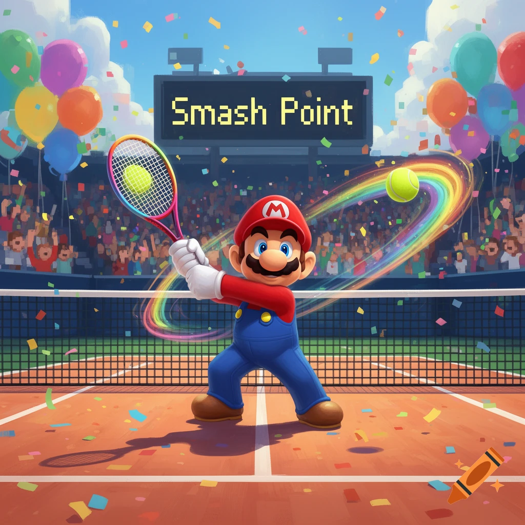 Mario plays tennis in a stadium, holding a racket and hitting a ball with a rainbow trail, confetti falling. A scoreboard reads "Smash Point".