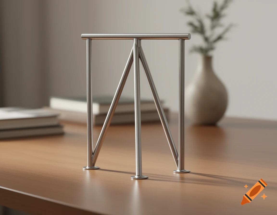 A sleek, geometric metal frame with three vertical bars and a horizontal top bar, sitting on a wooden desk. In the blurred background are books and a vase with foliage.