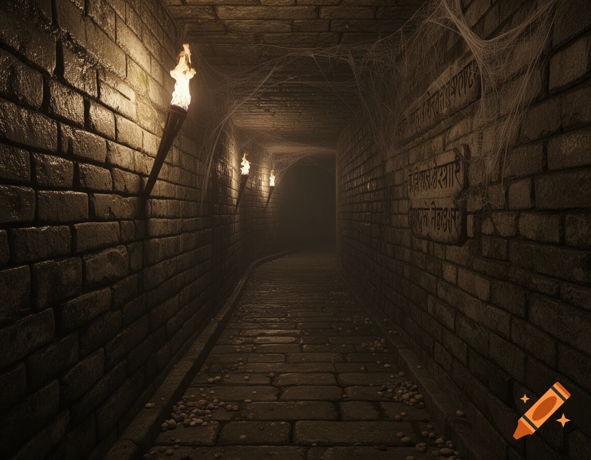 A dark, torch-lit stone dungeon tunnel with cobwebs and mysterious carvings on the walls, leading into the distance.