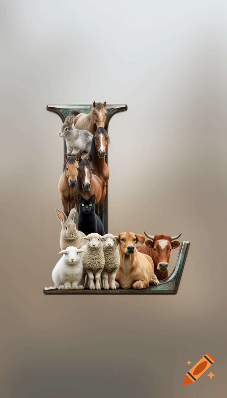 Photorealistic farm animals and a black cat arranged to form the letter L.