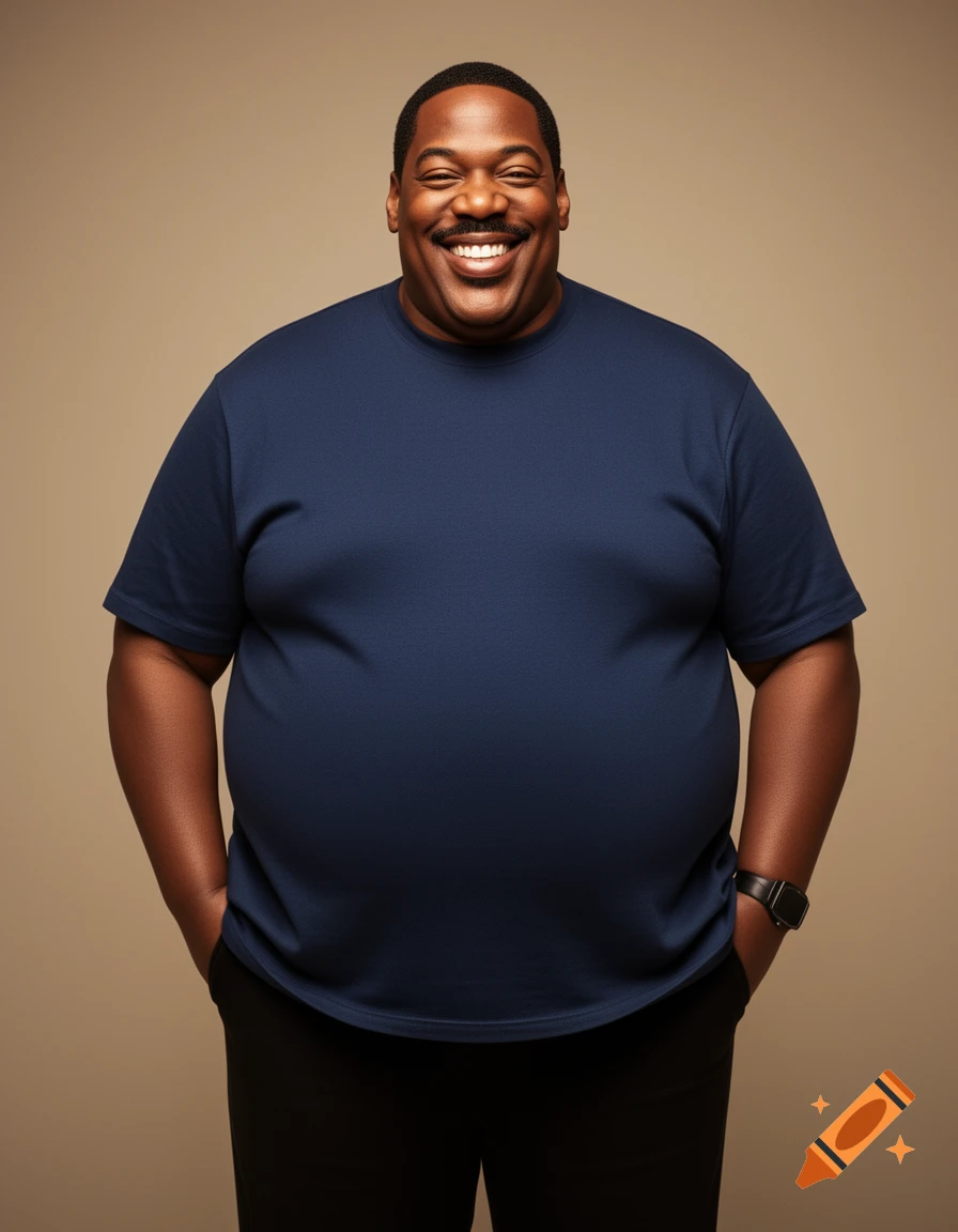 A smiling, heavyset dark-skinned man in a navy blue t-shirt and black pants stands with hands in pockets against a beige background.