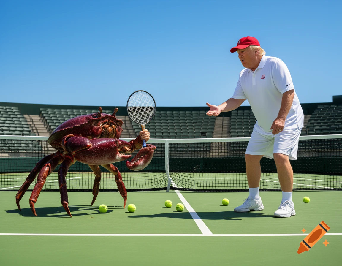 Photorealistic image of a giant red crab holding a tennis racket, facing Donald Trump on a tennis court. Trump, in a white polo and shorts, gestures towards the crab.