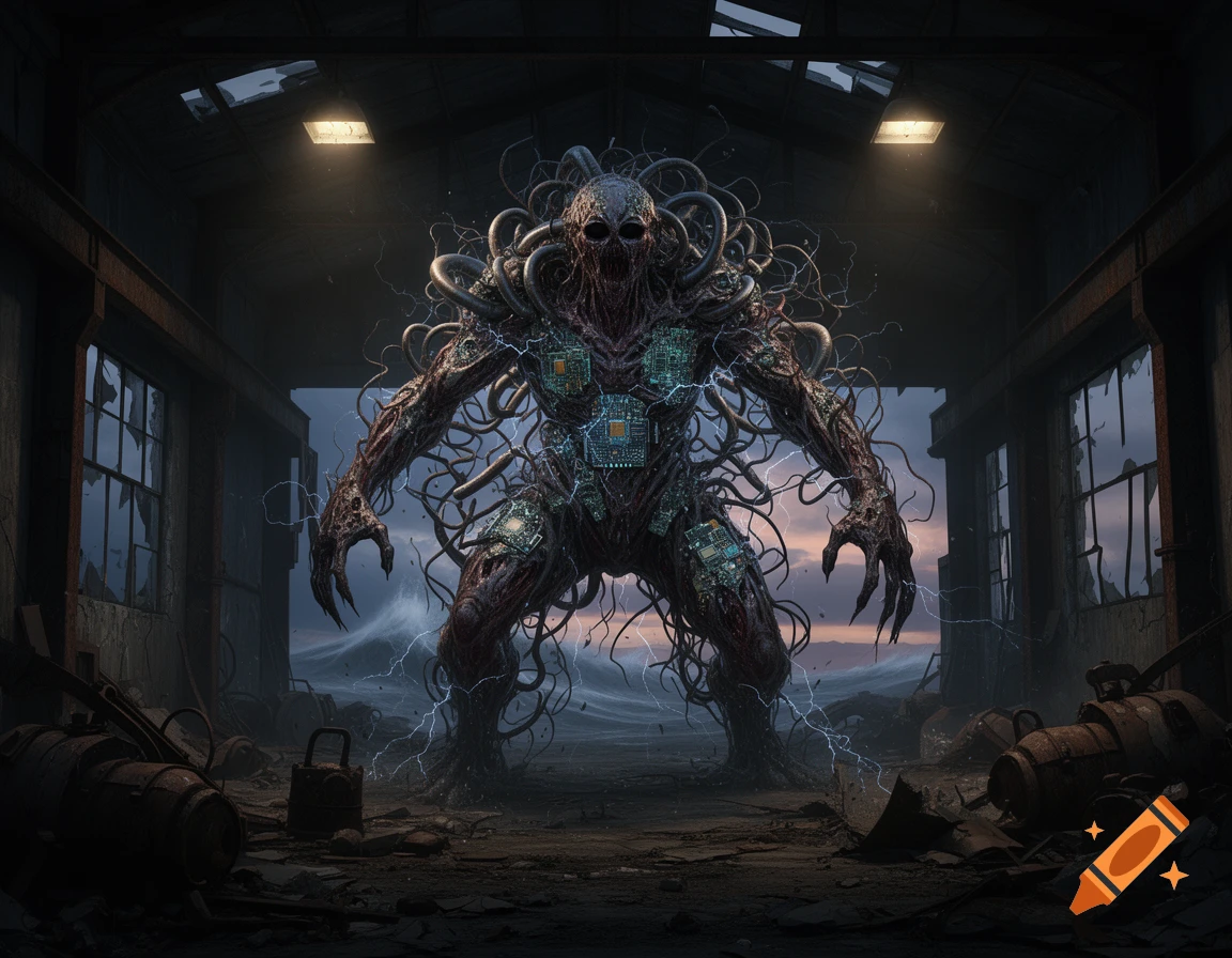 A terrifying cybernetic creature made of pipes and circuits stands in a dark, ruined industrial building, with a stormy sea visible outside.