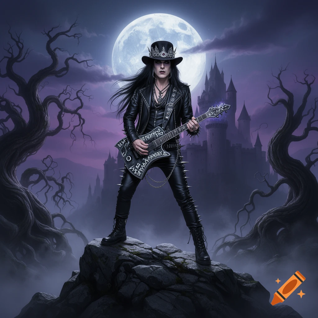 A goth rock star in black leather plays a spiked guitar on a rock under a full moon, with a gothic castle and gnarled trees.