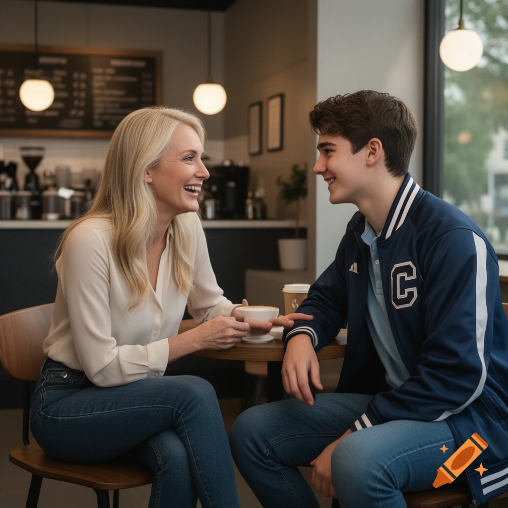 A blonde woman and a young man in a varsity jacket laugh while sitting at a table in a modern coffee shop.
