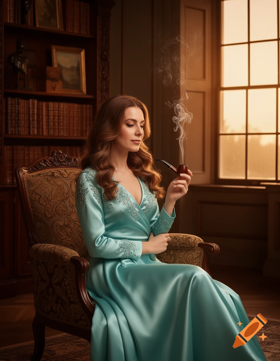An elegant woman with long wavy hair in a teal satin gown sits in an armchair, smoking a pipe in a dimly lit library.