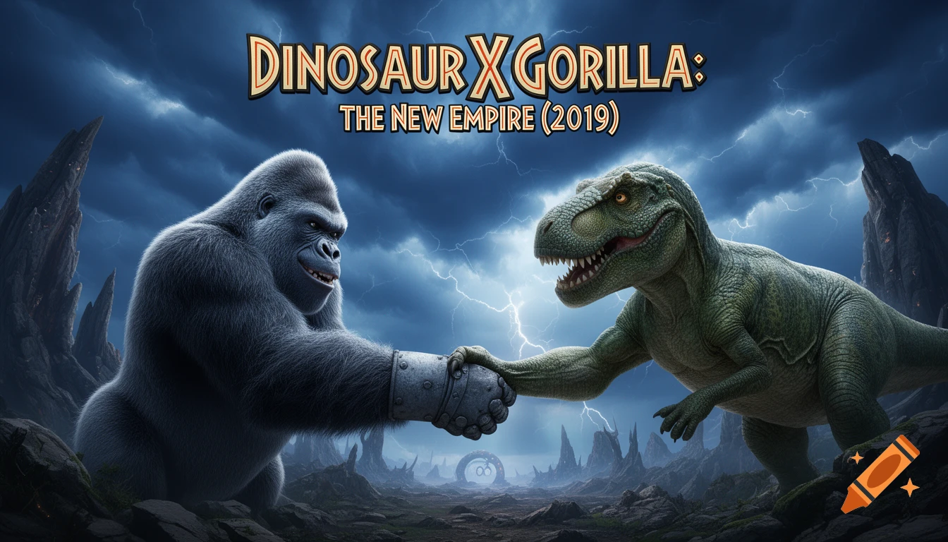 A photorealistic gray gorilla and green T-Rex shake hands in a stormy, rocky landscape, titled 'Dinosaur X Gorilla: The New Empire (2019)'.