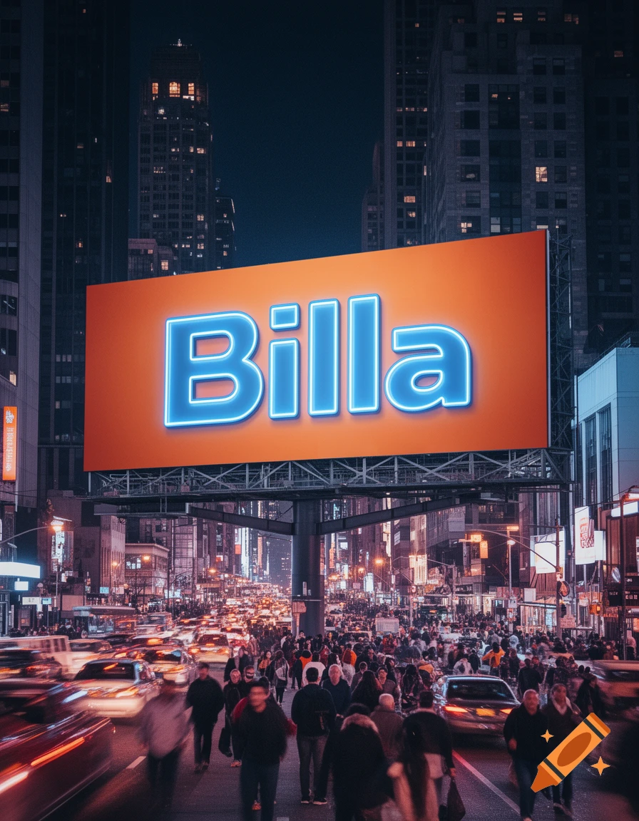 A large 'Billa' billboard illuminates a busy city street at night, with motion-blurred cars and pedestrians.