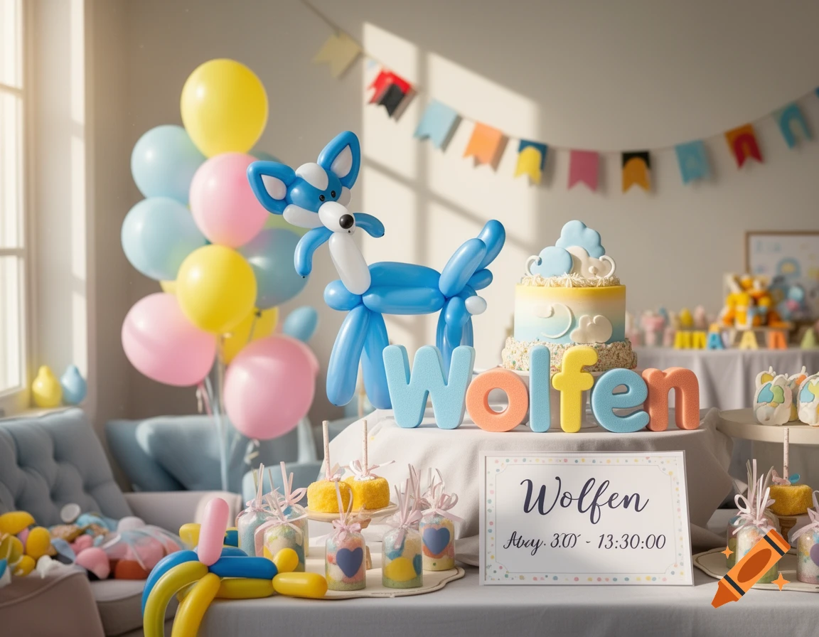 A pastel-themed baby party setup with a blue balloon animal, colorful balloons, a cloud-decorated cake, and a sign with "Wolfen" and a time.