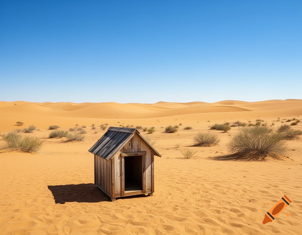 Wooden doghouse in a vast, sunny desert landscape with golden sand dunes and sparse bushes.