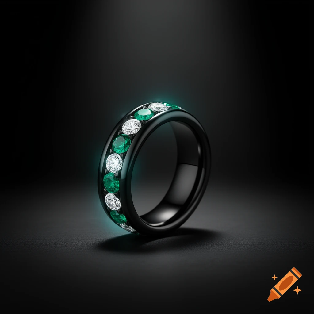 A black ceramic ring inlaid with alternating white diamonds and green emeralds, shown with an aqua glow on a dark background.