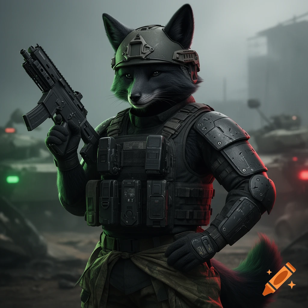 Digital art of a black fox furry in military tactical gear and helmet, holding a rifle in a misty, war-torn setting.