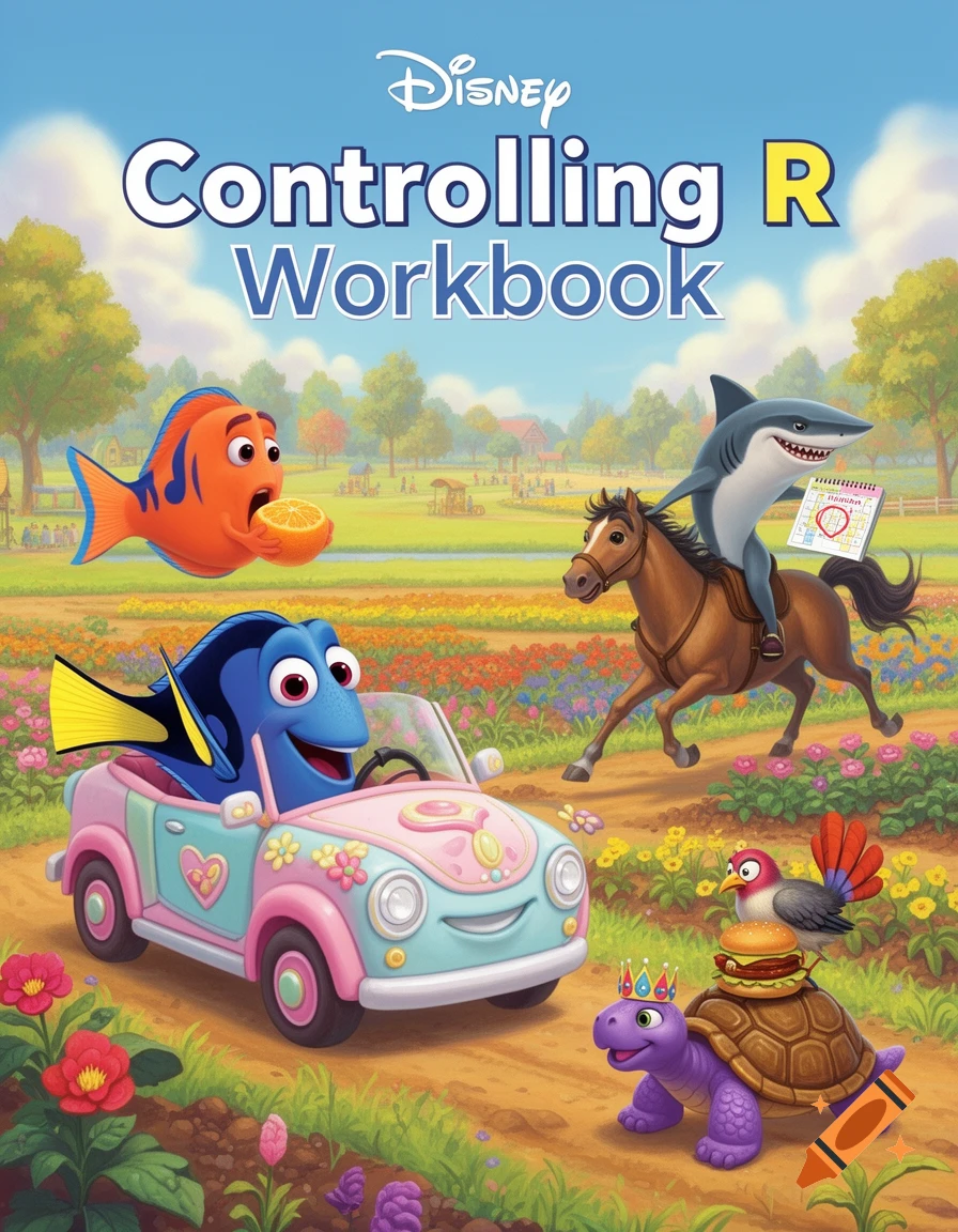 A colorful Disney-style book cover titled "Controlling R Workbook." Dory drives a pink and blue car, Marlin eats an orange, a shark rides a horse, and a bird stands on a purple turtle with a burger.