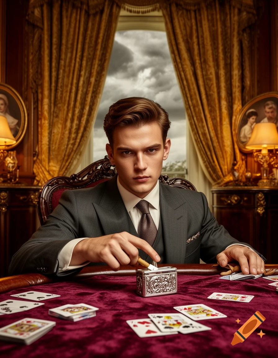 A sharply dressed man in a suit plays cards on a velvet table in a luxurious, ornate room with gold curtains.