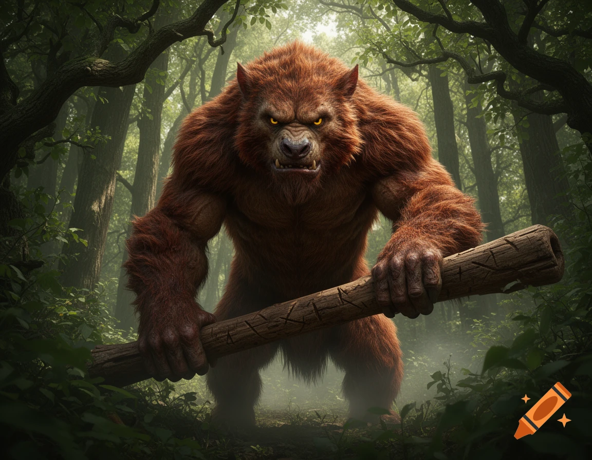 A large, brown, furry bugbear with glowing yellow eyes stands menacingly in a dark forest, holding a thick log.