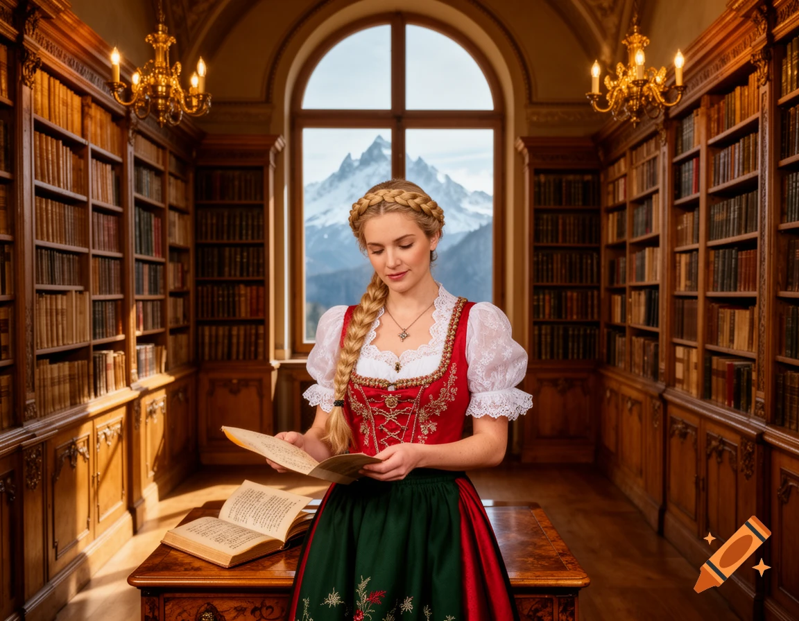 A young woman in a traditional Tyrolean dress reads a book in a lavish library with a large window overlooking snowy mountains.