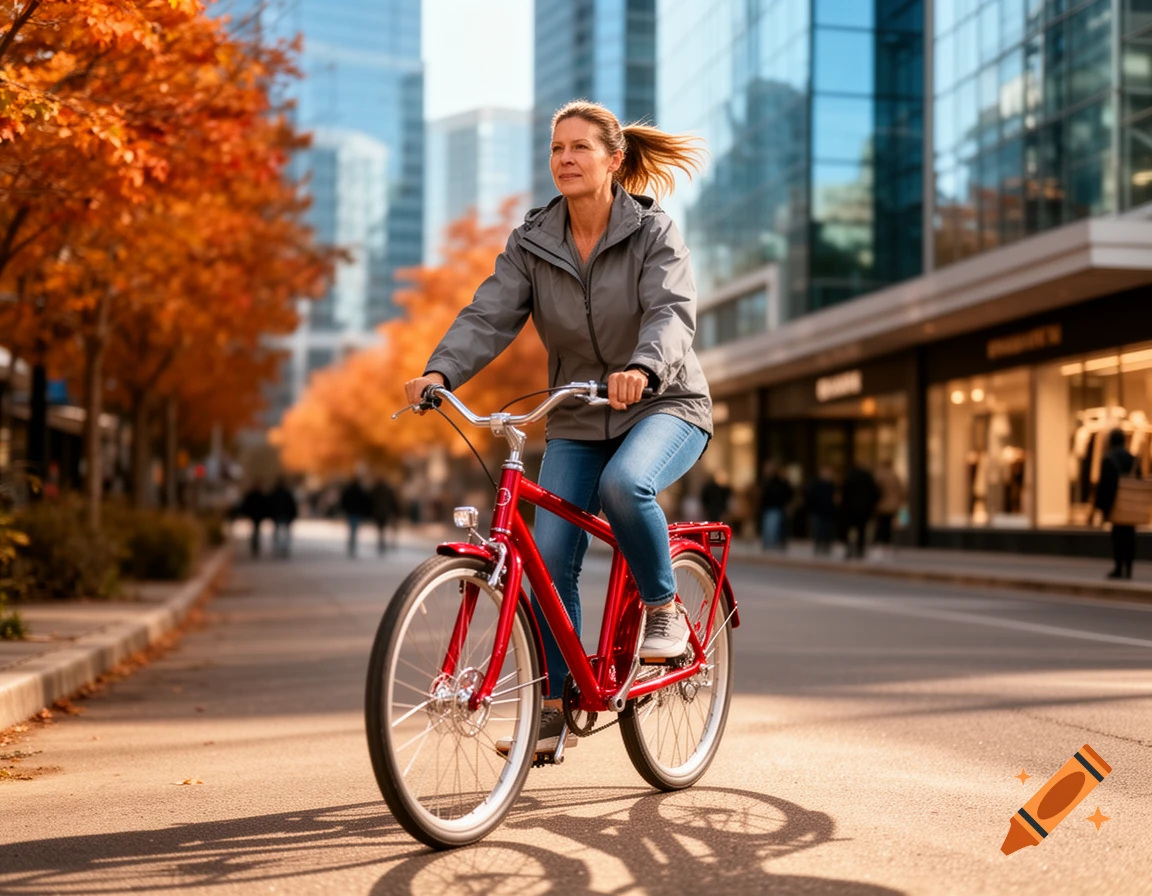 A woman rides a red bicycle down a city street lined with orange autumn trees and glass buildings.