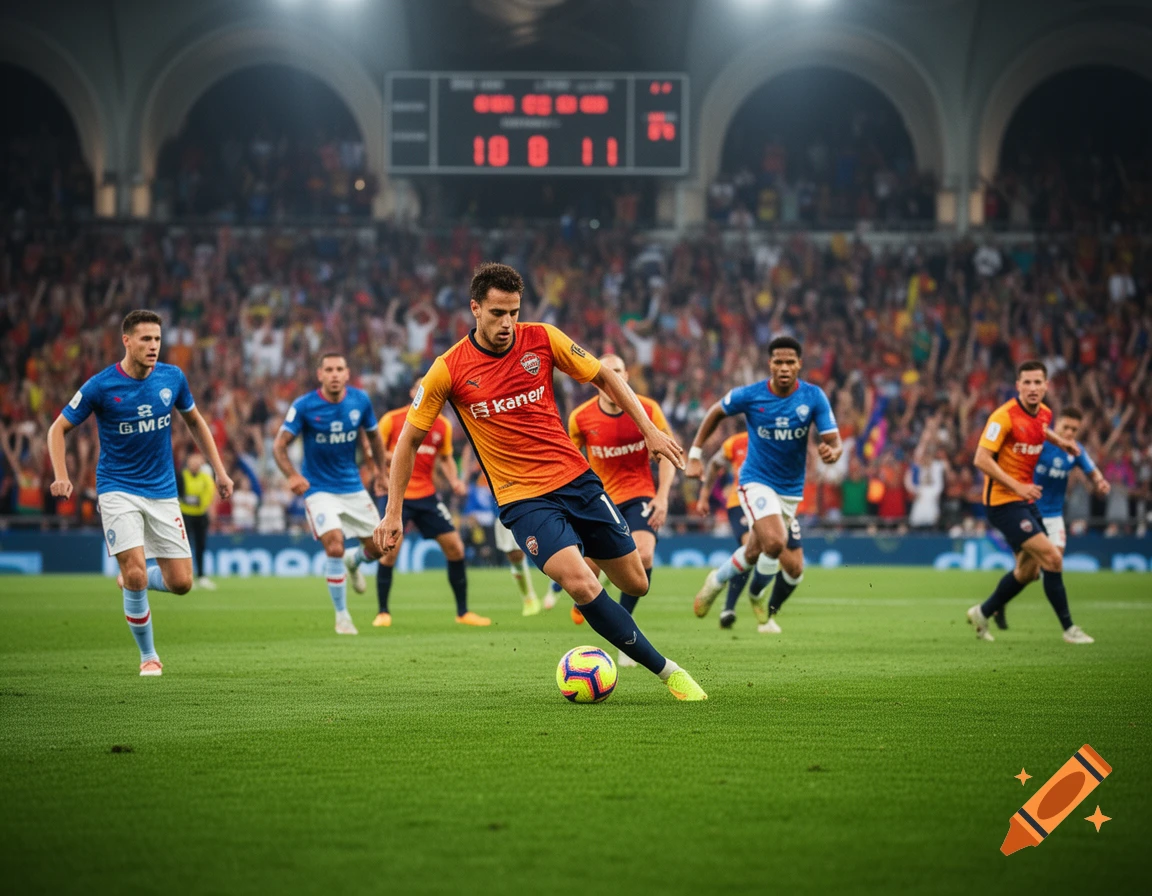 A photorealistic image of a soccer player in an orange and yellow jersey kicking a ball during a match in a stadium, with opposing blue-jersey players and a blurred crowd in the background.