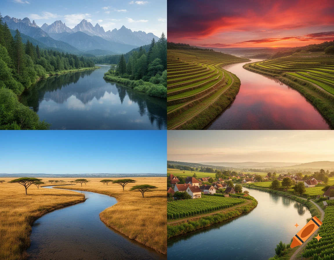 Four diverse river landscapes: a mountain river, a river through terraced fields at sunset, a savanna river, and a river by a village and vineyards.