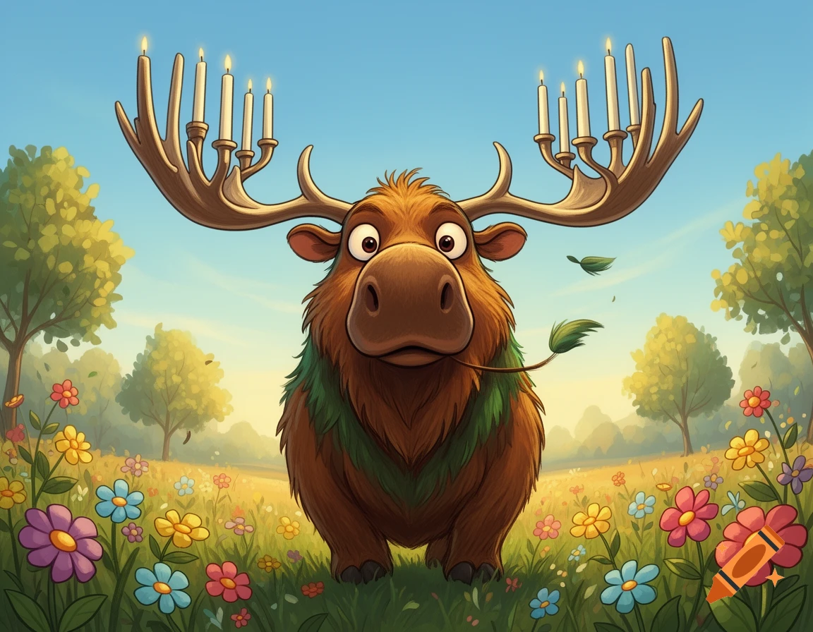 A friendly cartoon moose with antlers shaped like a menorah, adorned with lit candles, stands in a vibrant field of colorful wildflowers under a clear blue sky.