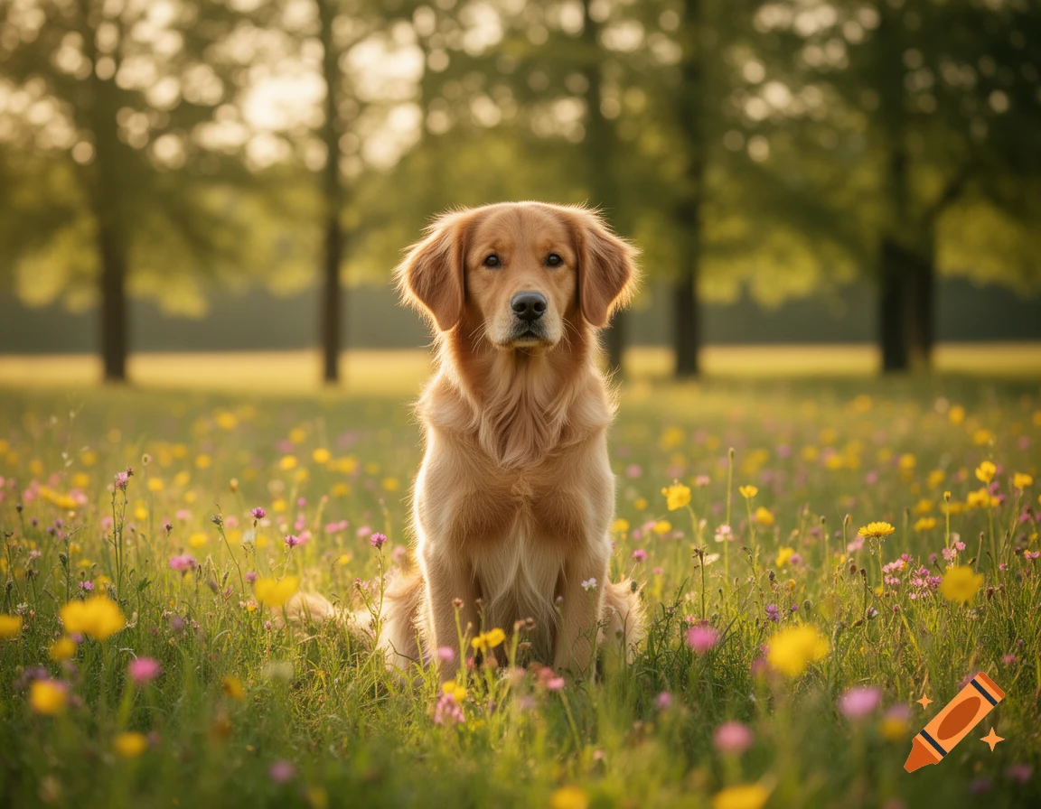 A golden retriever sits in a sunlit field of yellow and pink wildflowers, with blurred trees in the background.