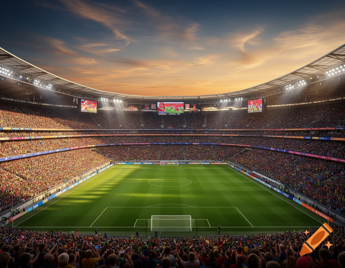 A large football stadium filled with spectators under a sunset sky, with the green field illuminated.