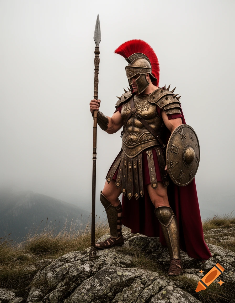 A muscular Spartan warrior in elaborate bronze armor with a red helmet plume, holding a spear and shield, stands on a rocky mountain peak against a foggy sky.